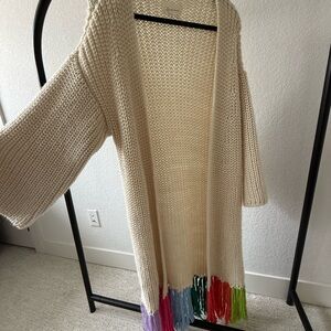 Anthropologie Cream Open Knit Cardigan with Colorful Fringe